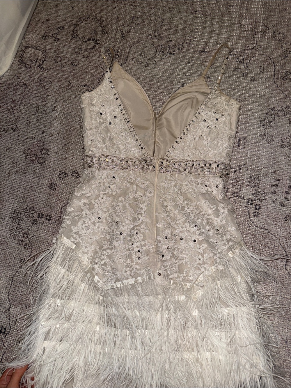 Custom Ivory Embellished Lace & Feather Mini Dress - Picture 6 of 11